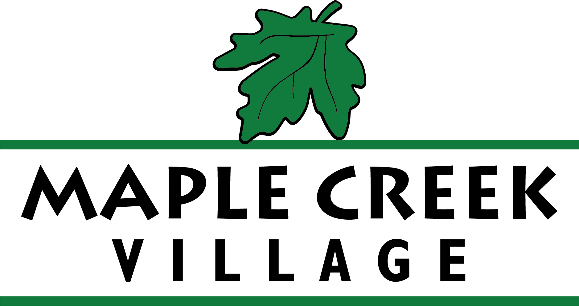 A logo with a leaf and the words "Maple Creek Village" written in white.
